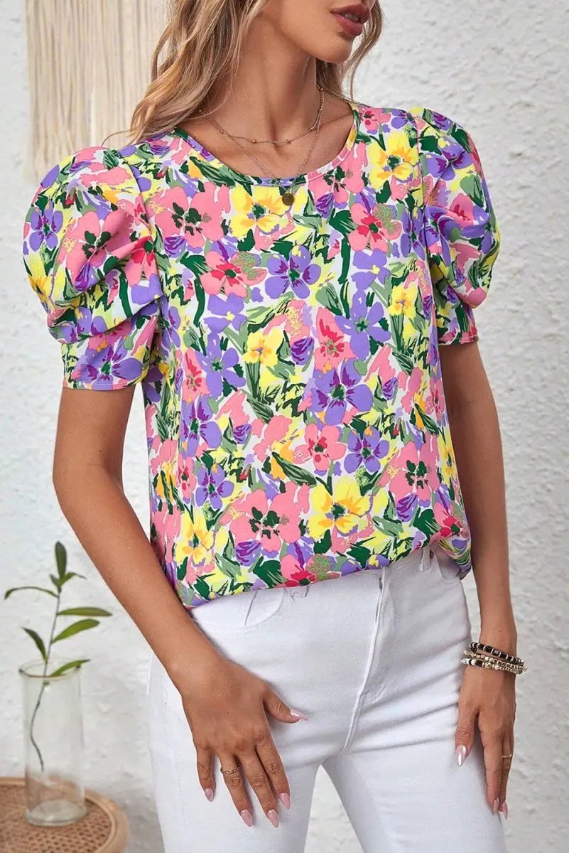 Purple Floral Print Puff Short Sleeve Crew Neck Blouse - Love Salve